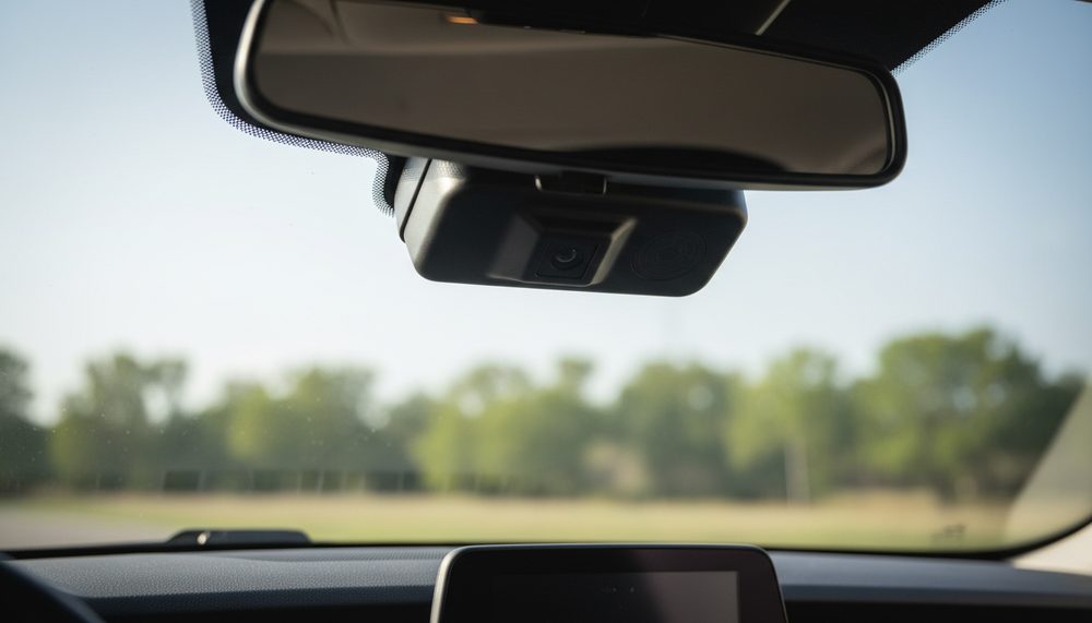 Close-up of a forward-facing driver-assistance camera housing mounted behind a car windshield