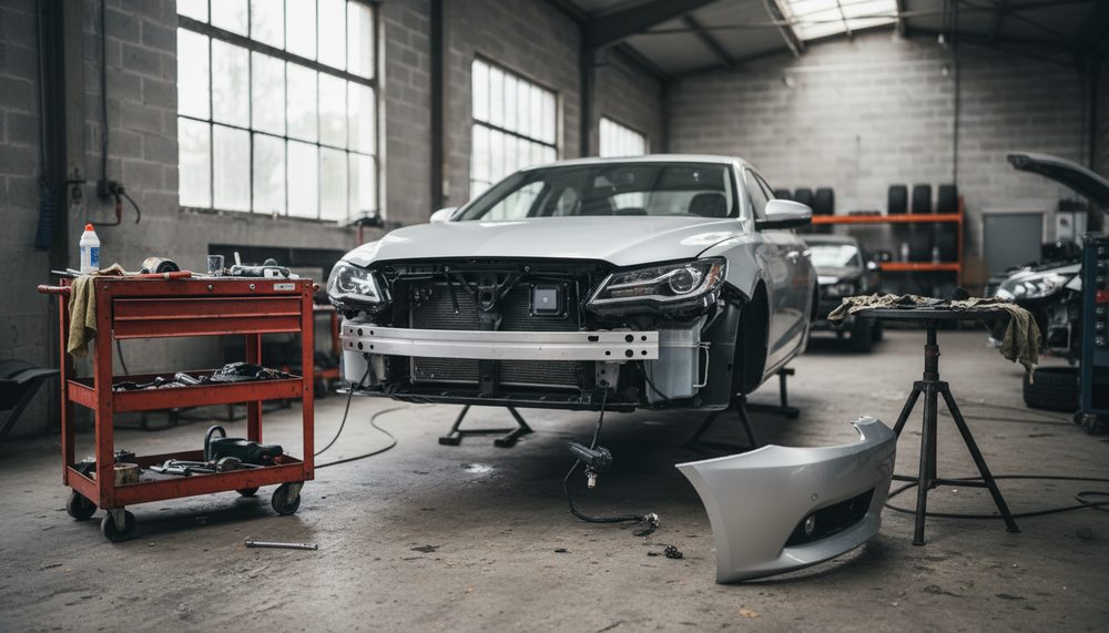 A sedan in a body shop with its front bumper cover removed, showing the headlight assembly and a small radar sensor