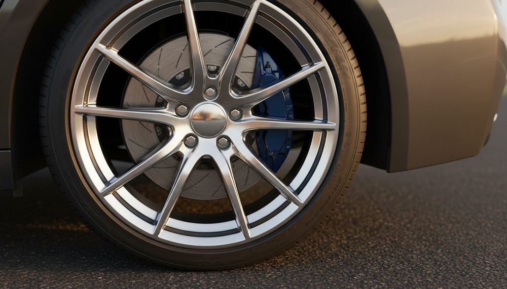 Close detail of an alloy wheel, low-profile tyre and brake caliper on a parked car
